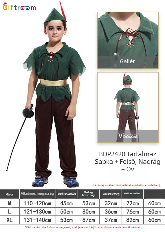 Peter Pan cosplay ruha nyugati karnevál témájú partihoz és színházi előadáshoz; poliészter anyag; fő anyag 90–95% poliészter; férfi; 17 év alattiak számára megfelelő