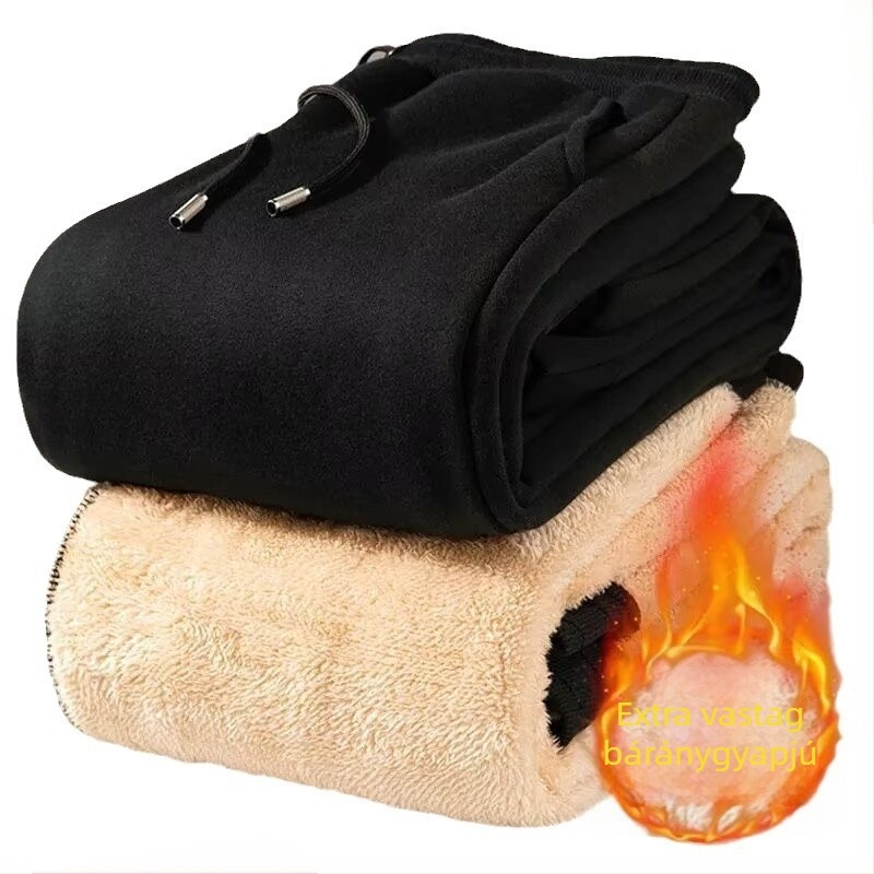 Férfi casual nadrág fleece béléssel, vastag téli, egyenes szabás, alacsony derék