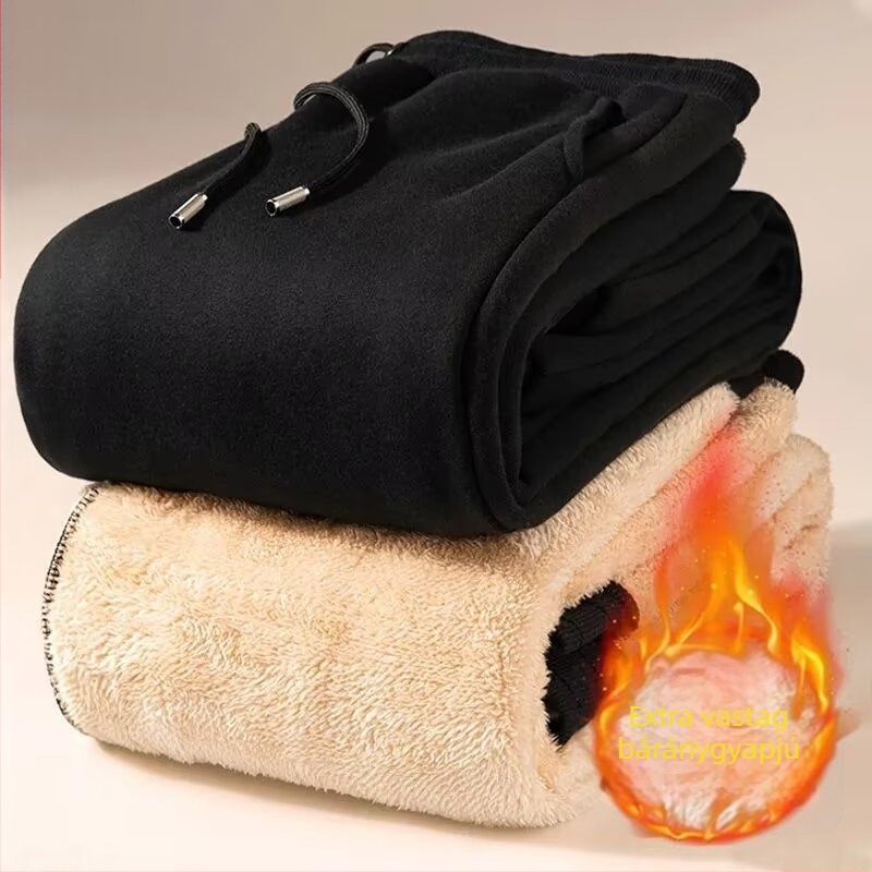 Férfi casual nadrág fleece béléssel, vastag téli, egyenes szabás, alacsony derék