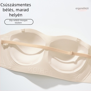 Vállpántok nélküli, láthatatlan melltartó nőknek kis mellemhez; push-up, csúszásmentes, varrat nélküli, hátsó; Fő anyag: nylon 70%, bélés spandex 30–50%; kosár 3/4, vékony formázott; Levehető dupla vállpántok; Hátoldali zár négy sor kapocs