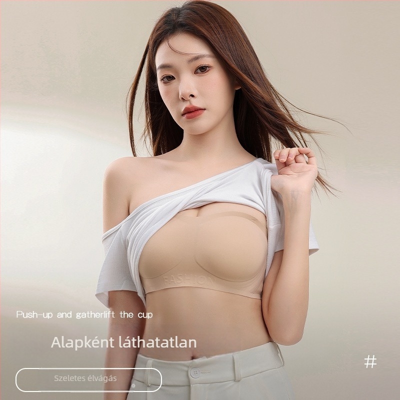 Vállpántok nélküli, láthatatlan melltartó nőknek kis mellemhez; push-up, csúszásmentes, varrat nélküli, hátsó; Fő anyag: nylon 70%, bélés spandex 30–50%; kosár 3/4, vékony formázott; Levehető dupla vállpántok; Hátoldali zár négy sor kapocs
