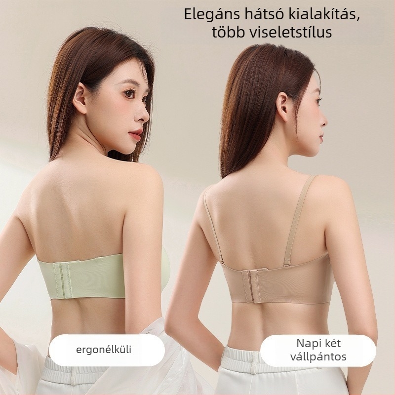 Vállpántok nélküli, láthatatlan melltartó nőknek kis mellemhez; push-up, csúszásmentes, varrat nélküli, hátsó; Fő anyag: nylon 70%, bélés spandex 30–50%; kosár 3/4, vékony formázott; Levehető dupla vállpántok; Hátoldali zár négy sor kapocs