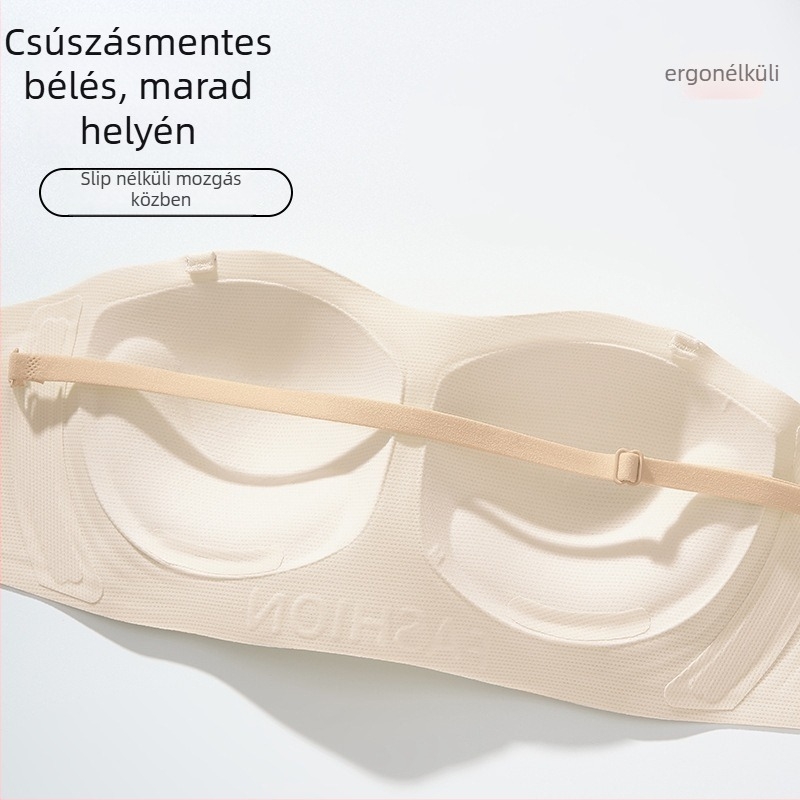 Vállpántok nélküli, láthatatlan melltartó nőknek kis mellemhez; push-up, csúszásmentes, varrat nélküli, hátsó; Fő anyag: nylon 70%, bélés spandex 30–50%; kosár 3/4, vékony formázott; Levehető dupla vállpántok; Hátoldali zár négy sor kapocs