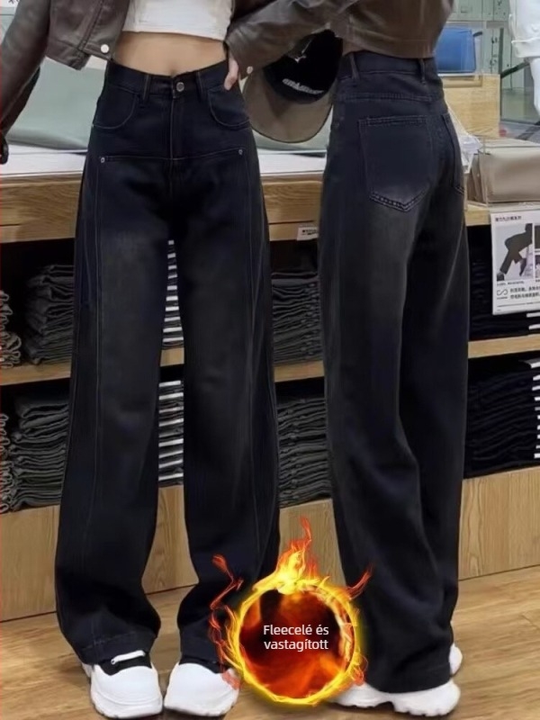 Fleece béléses magas derekú farmernadrág, egyenes szabású, denim mikroelasztikussággal, őszi 2024, utcai gothikus stílus