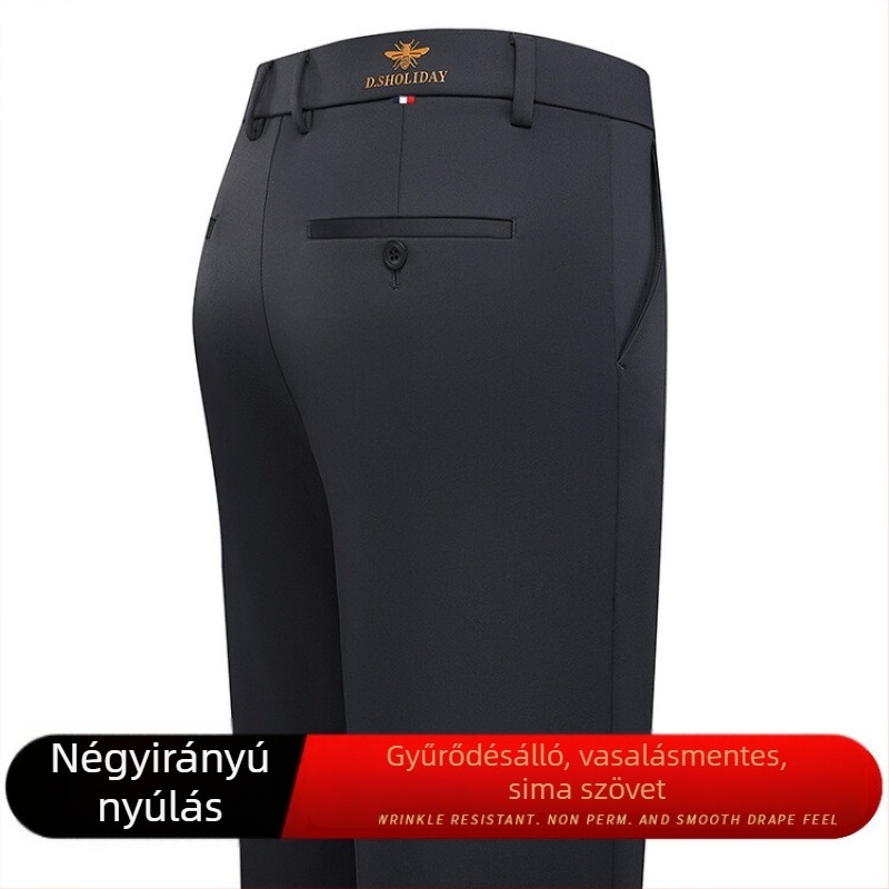 Férfi üzleti-alkalmi nadrág, egyenes szabás, vékony anyag, 95% poliészter + 5% spandex, Lycra szövet, egyszínű minta, négy évszak