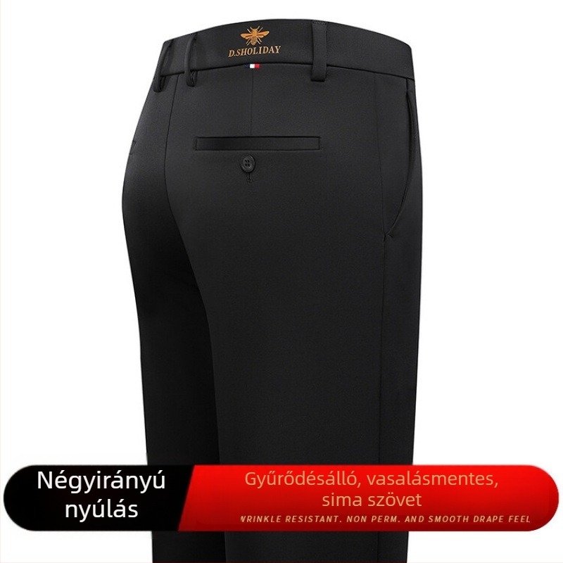 Férfi üzleti-alkalmi nadrág, egyenes szabás, vékony anyag, 95% poliészter + 5% spandex, Lycra szövet, egyszínű minta, négy évszak