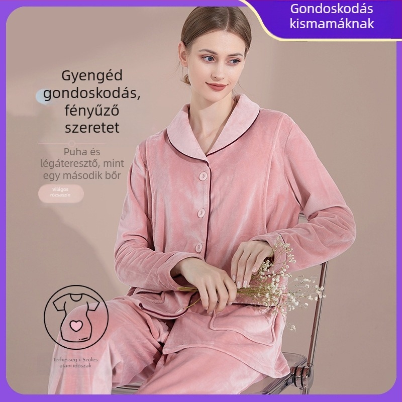 Ősz-télre készült anyai pizsama szett Mink Velúr anyasági ruházattal, meleg és kényelmes