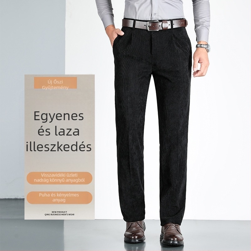 Férfiak üzleti casual nadrág, egyenes szabású, középmagas derék, cipzáras zárás, poliészter keverék, téli viselet