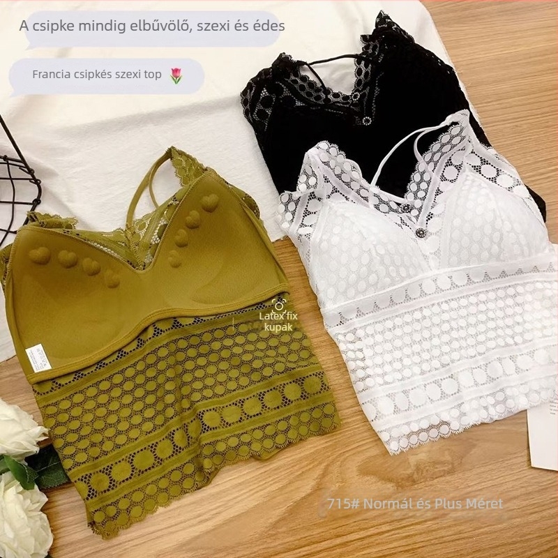 Csipkés camisole kereszt- hátú dizájnnal, teljes kosár, vékony formázott kosár, 80–90% nylon, lélegző