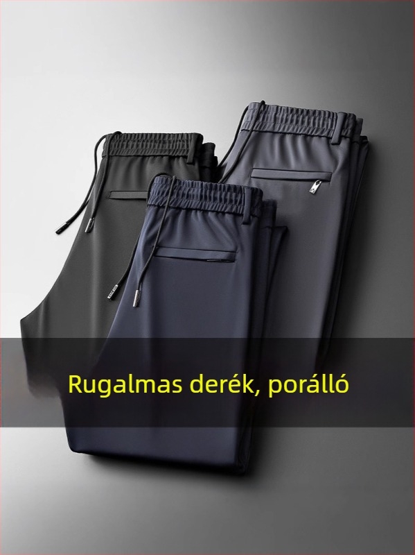 Férfi egyenes szabású nadrág, magas derék, övvel és cipzárral, rugalmas anyag, négy évszak