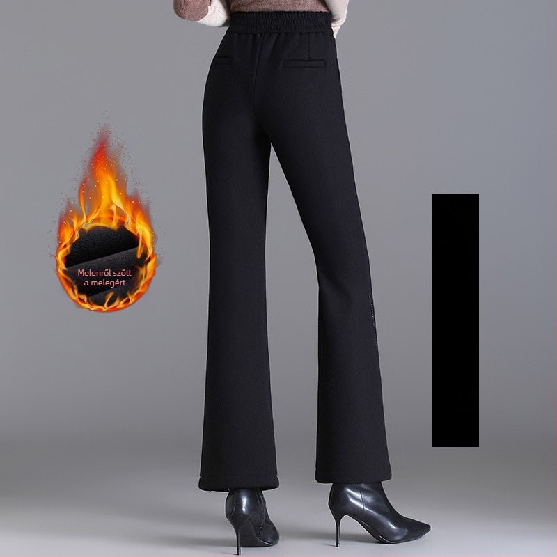 Női téli fleece-belelt laza nadrág, magas derekú, poliészter-nylon keverék, mikroelasztikus