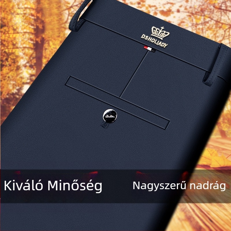 Férfi nadrág fleece béléssel, vast, elasztikus, egyenes szabású, magas derékkal, üzleti-casual, vasalás nélkül, őszi-téli