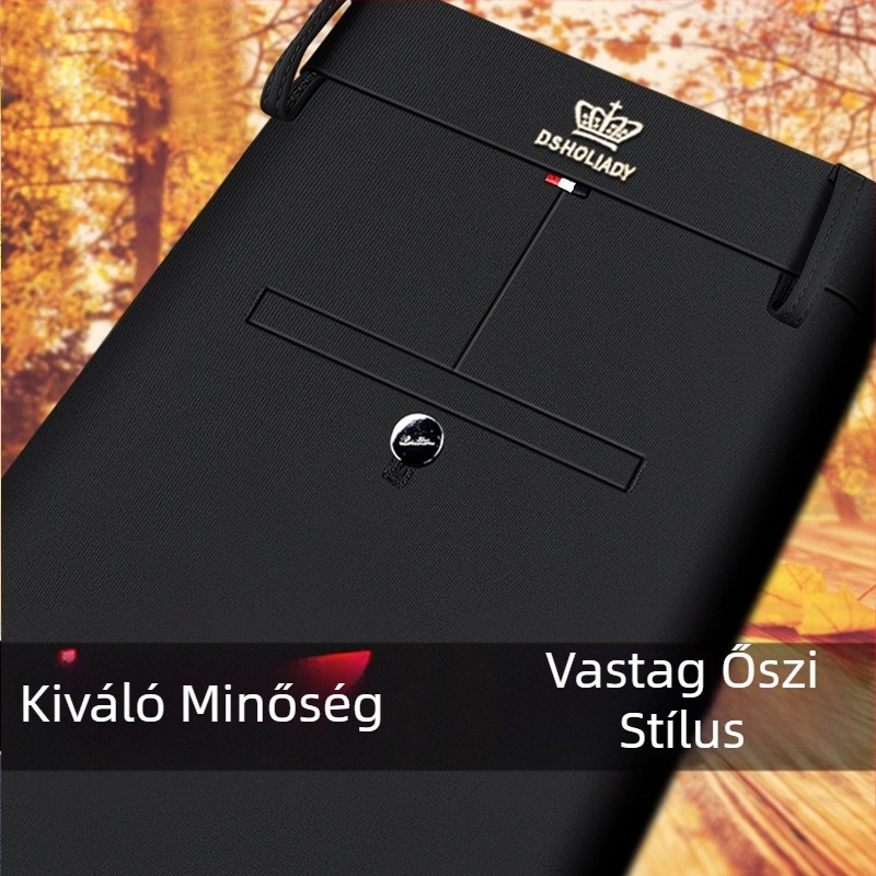 Férfi nadrág fleece béléssel, vast, elasztikus, egyenes szabású, magas derékkal, üzleti-casual, vasalás nélkül, őszi-téli