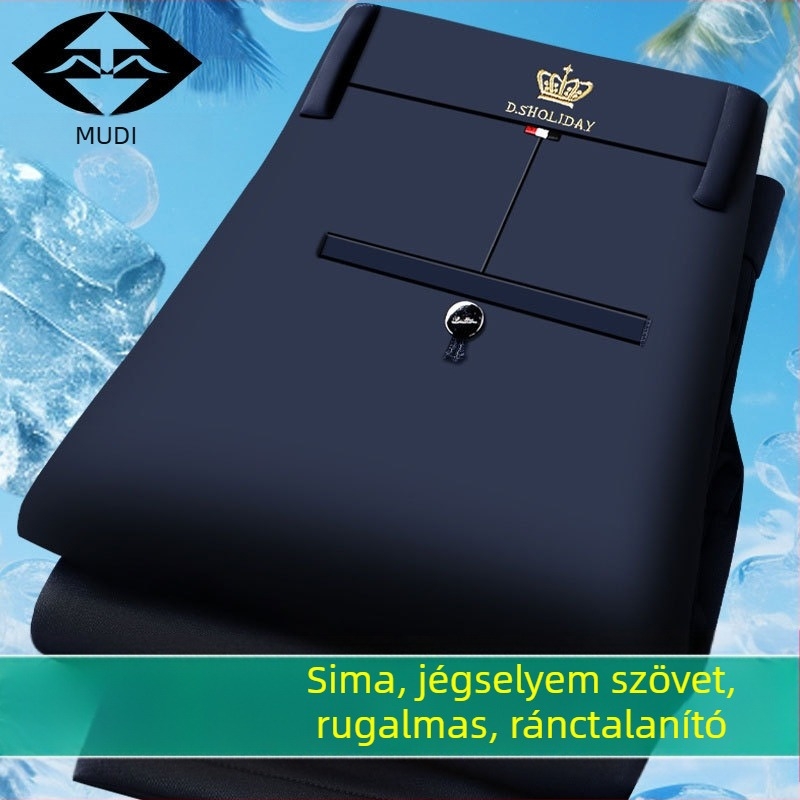 Férfi nadrág fleece béléssel, vast, elasztikus, egyenes szabású, magas derékkal, üzleti-casual, vasalás nélkül, őszi-téli