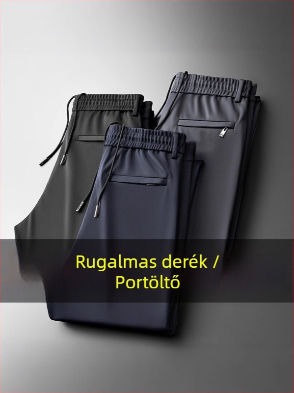 Férfi mindennapi nadrágok, egyenes szabású, magas derék, övvel, cipzáras záródás, vastag rugalmas anyag, négy évszakra
