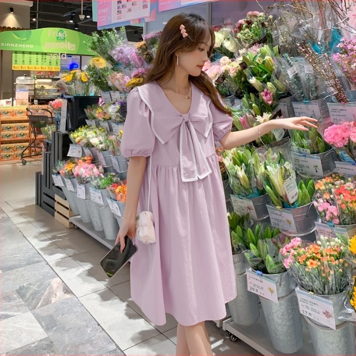 Terhes nők nyári ruhája – midi hosszú, A-vonal, poliészter 95%+, babaszerű gallér, puff ujj, japán-koreai lazább stílus