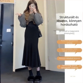 Anyasági gyapjú kötött szoknya, magas derék, középhosszú, nem szabályos sziluett, téli viselet