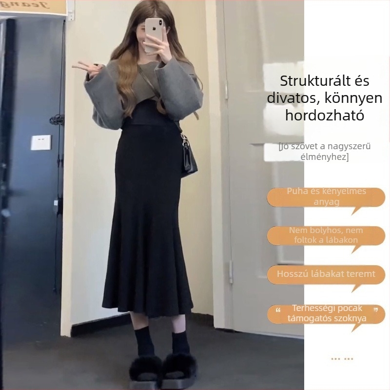 Anyasági gyapjú kötött szoknya, magas derék, középhosszú, nem szabályos sziluett, téli viselet