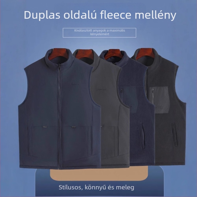 Férfi mellény fleece béléssel, álló gallérral, cipzárral, lazább fazon, téli viselet (álló gallér, fleece bélés, cipzár, lazább fazon, téli)