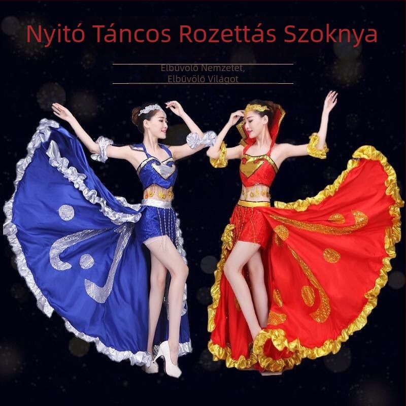 Női néptáncra színpadi jelmez nagy lengő szoknyával — Chenille anyag, Spandex és Poliészter keverék