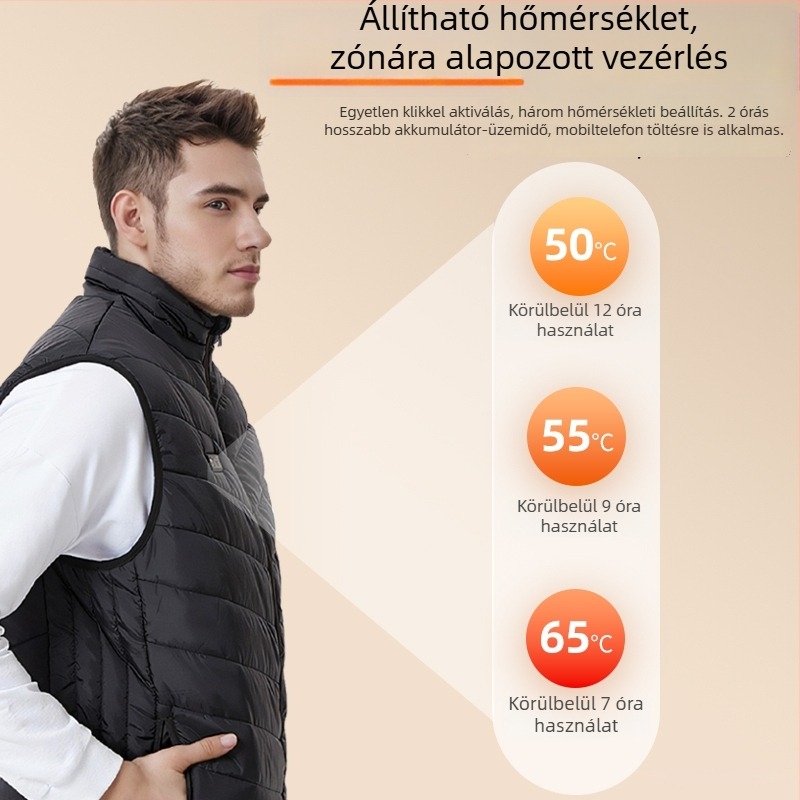 Grafén 26-zónás elektromos fűtő mellény állógallérral és intelligens hőmérséklet-szabályozással