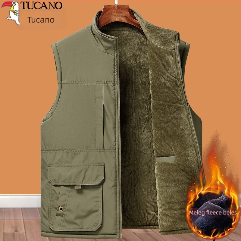 Férfi kapucnis mellény fleece béléssel, corduroy anyagból, több zsebbel, cipzáras záródással