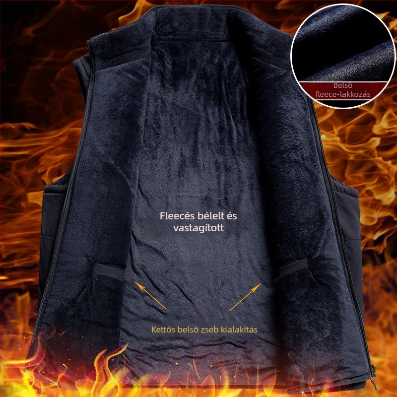 Férfi kapucnis mellény fleece béléssel, corduroy anyagból, több zsebbel, cipzáras záródással