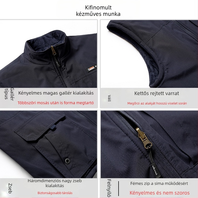Férfi kapucnis mellény fleece béléssel, corduroy anyagból, több zsebbel, cipzáras záródással