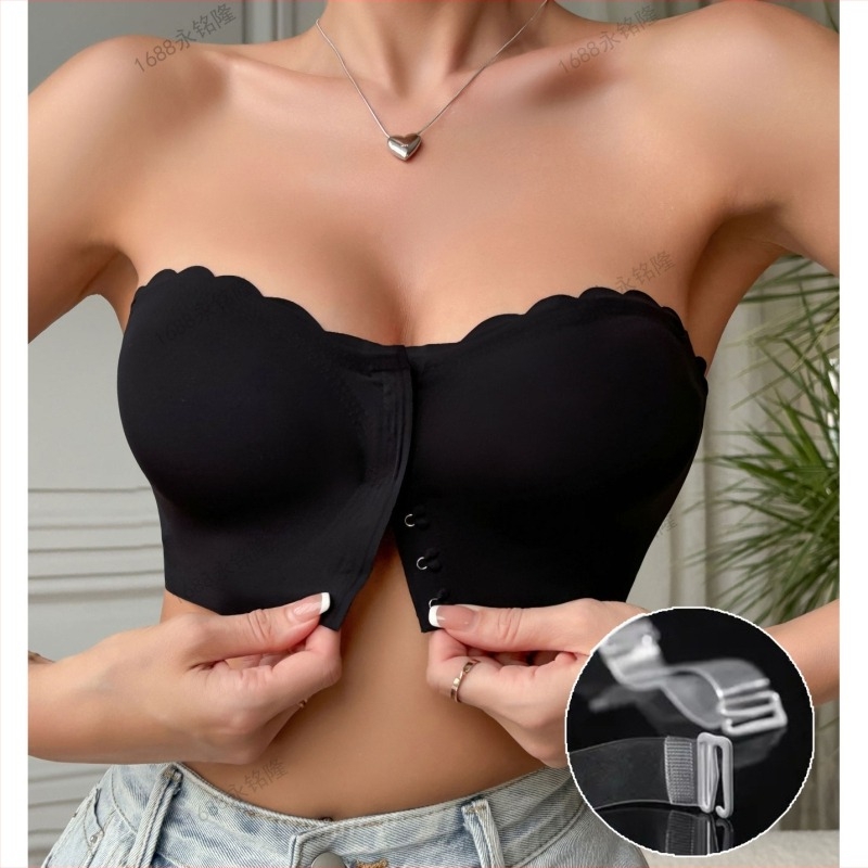 Váll nélküli melltartó; elöl záródó; csőtop forma; nylon alapanyag; spandex bélés