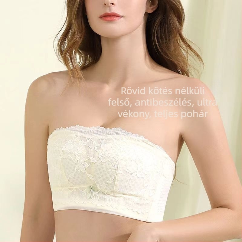 Nylon anyagú pánt nélküli csipkés bandeau melltartó, hát nélküli, légáteresztő, kényelmes, push-up