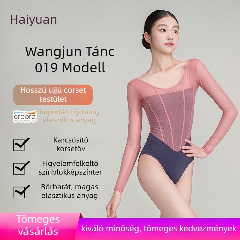 Balett edzésre szánt hosszú ujjú hálós anyagból készült ruha, halszálka stílussal; anyag: nylon 70%, bélés Lycra 20%
