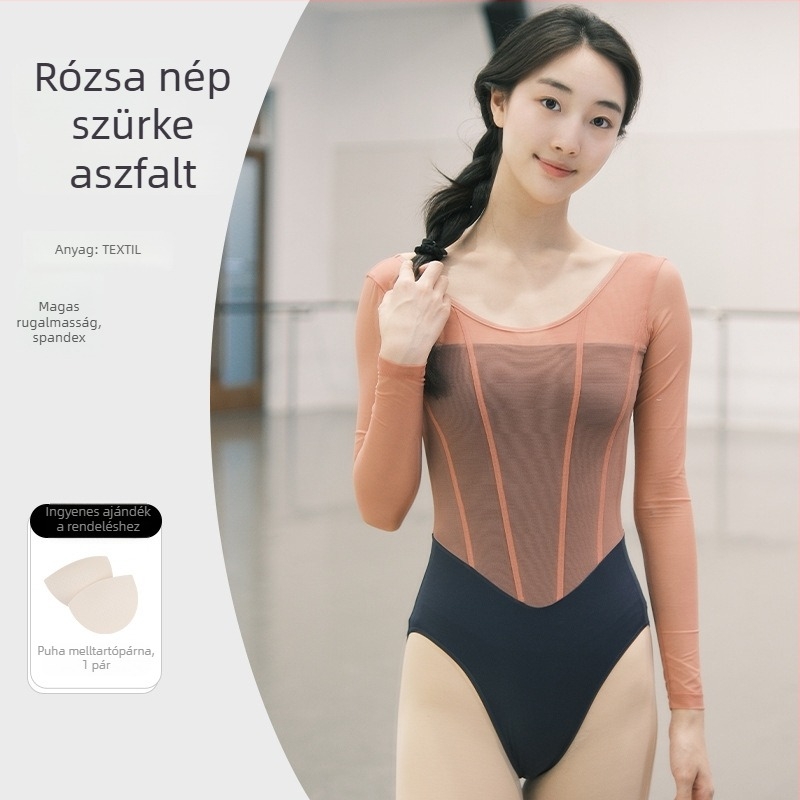 Balett edzésre szánt hosszú ujjú hálós anyagból készült ruha, halszálka stílussal; anyag: nylon 70%, bélés Lycra 20%