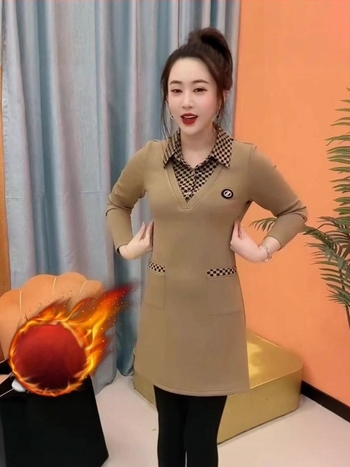 Midi hosszú ujjú ruha gallérral, lazán szabott derékrész, poliészter, Polo casual stílus, téli 2024