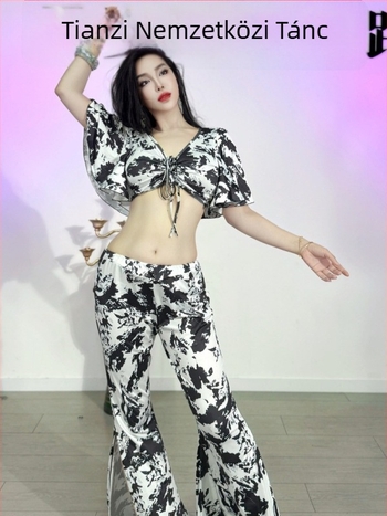 Belly dance gyakorlóruha szett — top lotuslevel ujjakkal és széles szárú nadrág, poliészter anyag, nyomtatott és festett, 2025 nyár, elegáns, friss és édes stílus.