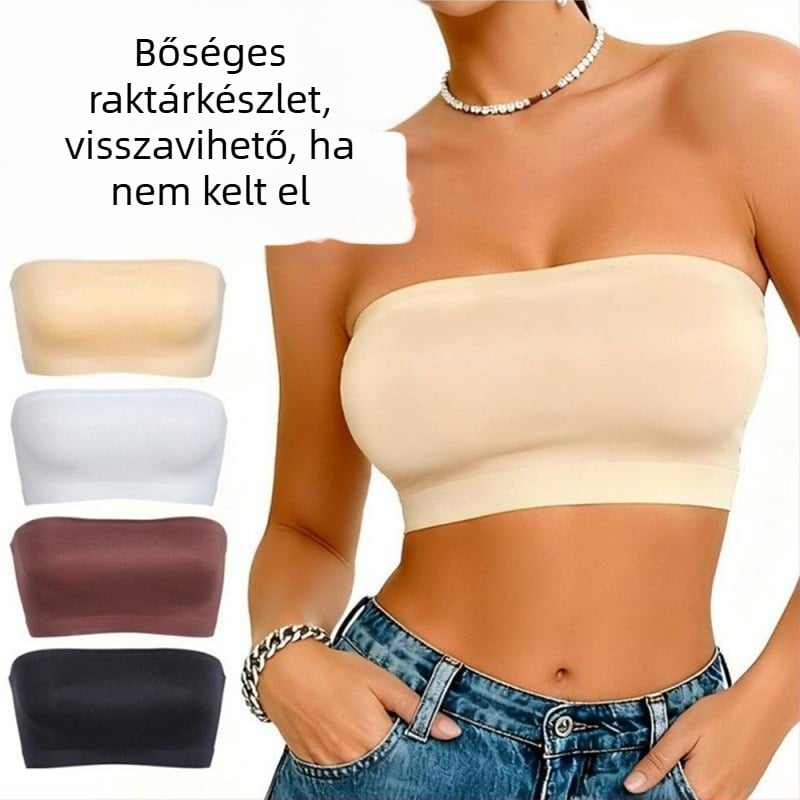 Vállpánt nélküli bandeau melltartó, csúszásmentes, párnázás és merevítő nélküli, nőknek, optikailag kisebbnek tűnnek a nagy mellek