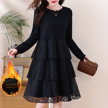 Kötött ruha panelezés részletekkel, A-vonalú, midi hossz, kerek nyakú, hosszú ujjú