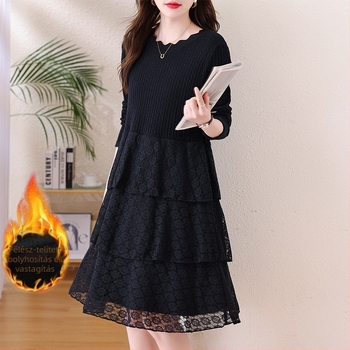 Kötött ruha panelezés részletekkel, A-vonalú, midi hossz, kerek nyakú, hosszú ujjú