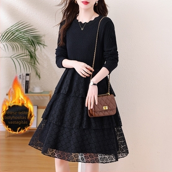 Kötött ruha panelezés részletekkel, A-vonalú, midi hossz, kerek nyakú, hosszú ujjú