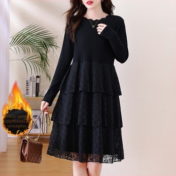 Kötött ruha panelezés részletekkel, A-vonalú, midi hossz, kerek nyakú, hosszú ujjú