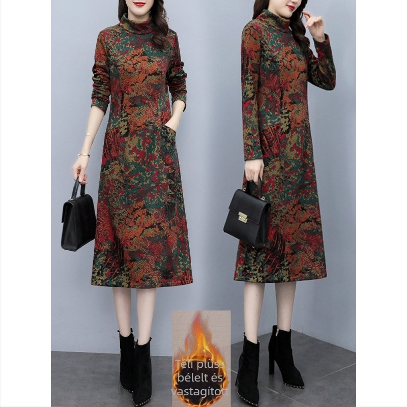 A-vonalú ruha, hosszú ujjú, magas gallérral és kapucnival, laza derekú