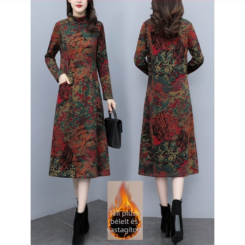 A-vonalú ruha, hosszú ujjú, magas gallérral és kapucnival, laza derekú