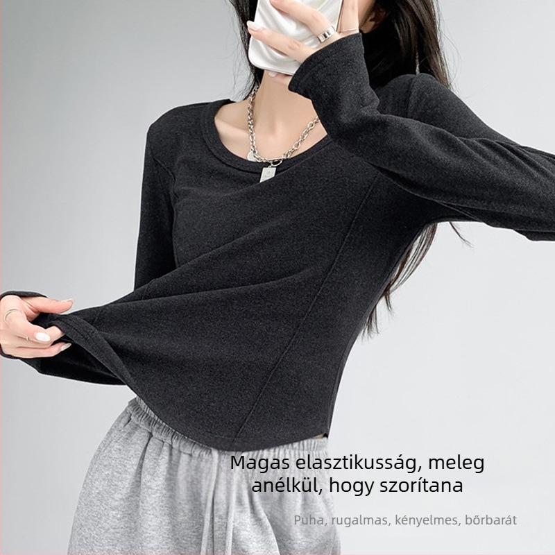 Slim-fit viszkóz T‑shirt kerek nyakkal, hosszú ujjú, téli 2024