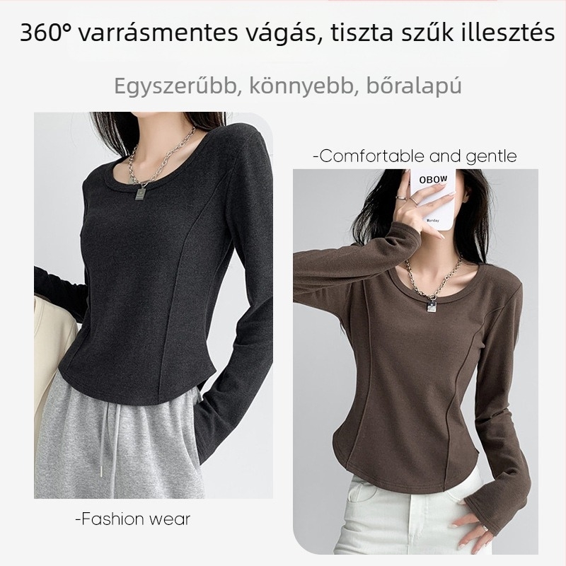 Slim-fit viszkóz T‑shirt kerek nyakkal, hosszú ujjú, téli 2024