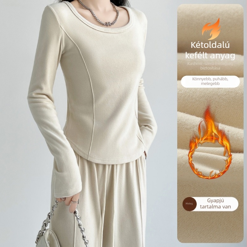 Slim-fit viszkóz T‑shirt kerek nyakkal, hosszú ujjú, téli 2024