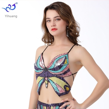 Yihuang pántos szegecsekkel díszített topp Belly Dance-hez, pillangó melltartó, hálós anyag
