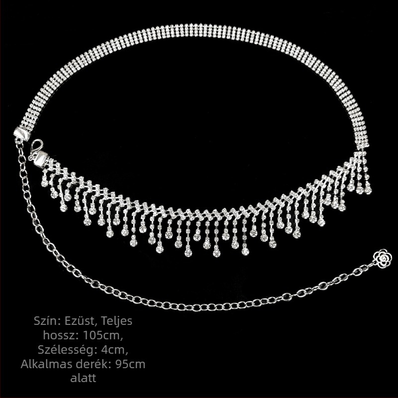 Belly Dance deréklánc bojtokkal és strassz kövekkel, fém, 4 cm széles, All‑match stílus, egykörös öv, testreszabás elérhető