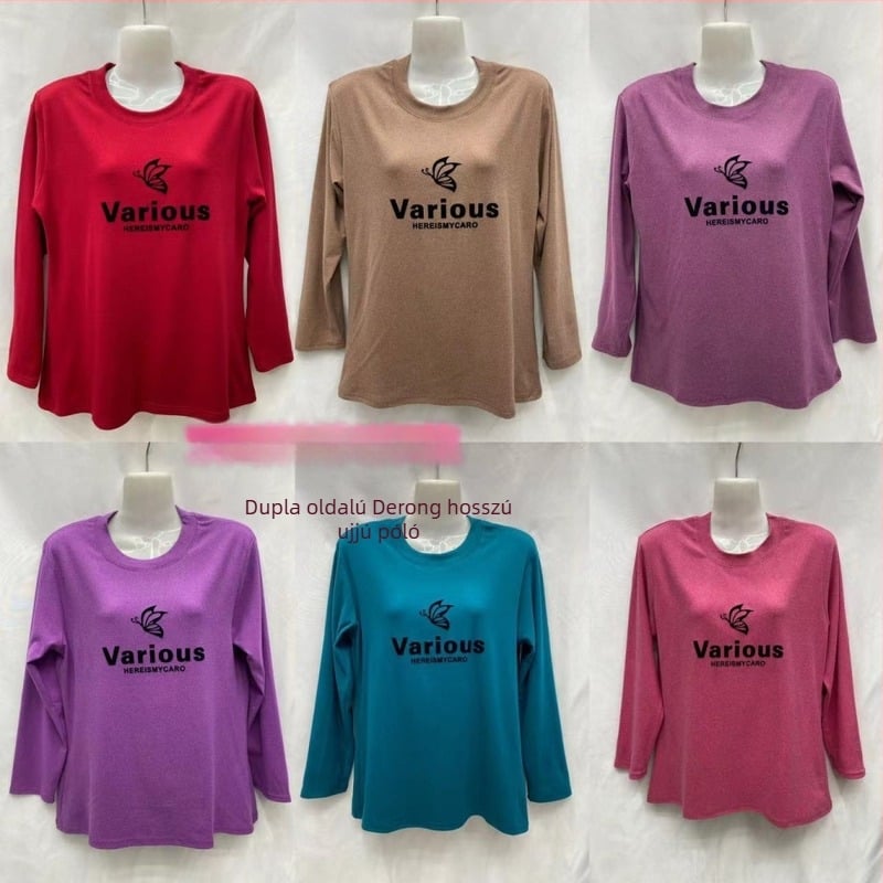 Velúr hatású hosszú ujjú felső növényi mintával, poliészter-elasztán keverék, kerek nyak.