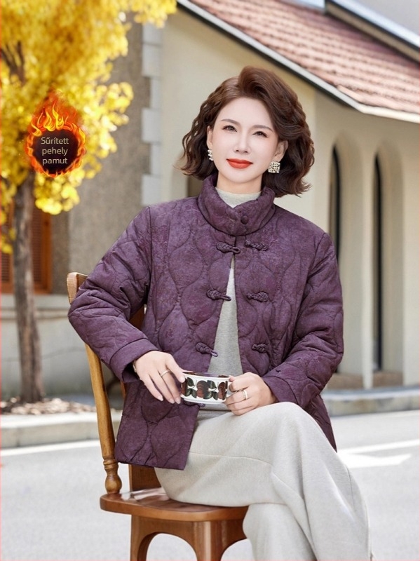 Női téli kabát álló gallérral, virágmintás, fleece bélés, extrán vastag meleg, töltet: imitációs selyem-pamut