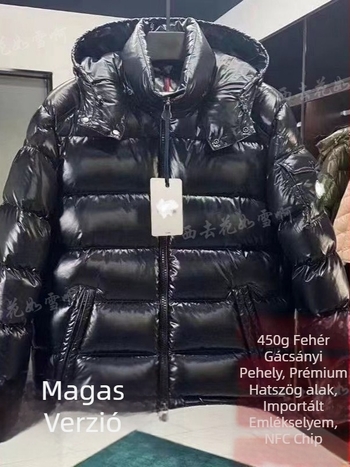 Kacsa pehelytöltésű dzseki, 65–70% pehelytartalom, vastag szigetelés, kapucnival, álló gallérral és cipzárral, téli városi viselet