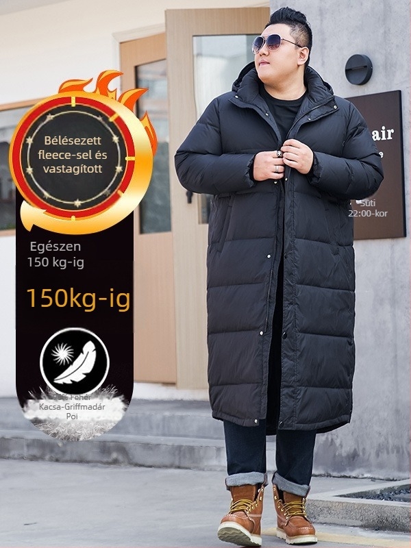 Férfi hosszú pehelykabát kapucnival és álló gallérral, töltet: fehér kacsa pehely, 700 töltőérték, középhosszú (65-80 cm)